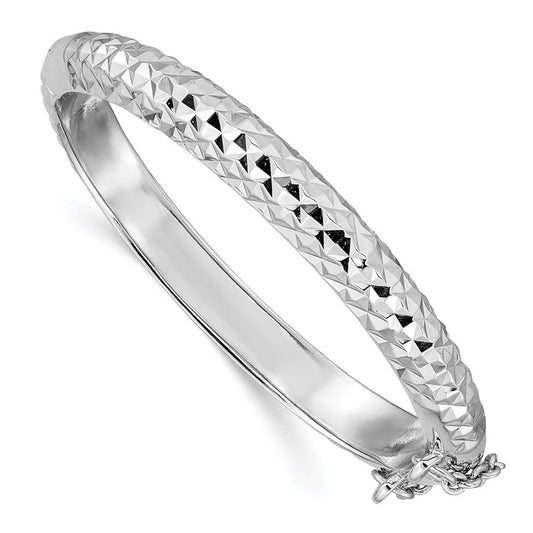Sterling Silver Rhodium-plated Polished & Diamond-cut 5.5mm with Safety Clasp Hinged Children's Bangle QB797