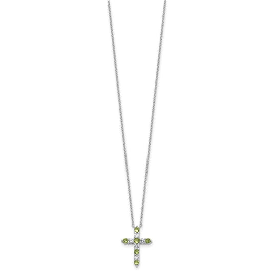 SS RH-plated Green CZ August Birthstone Cross w/2in ext Necklace QBPD36AUG