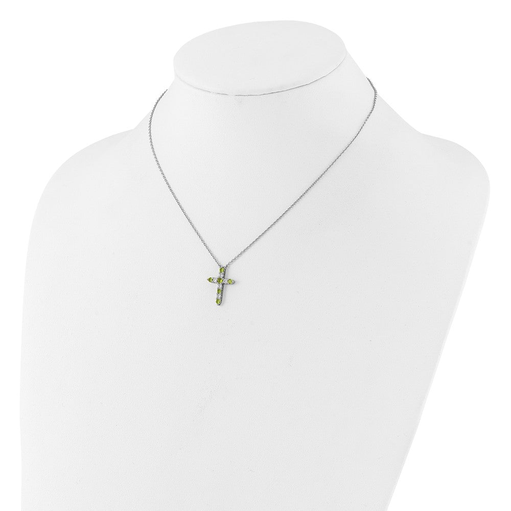 SS RH-plated Green CZ August Birthstone Cross w/2in ext Necklace QBPD36AUG