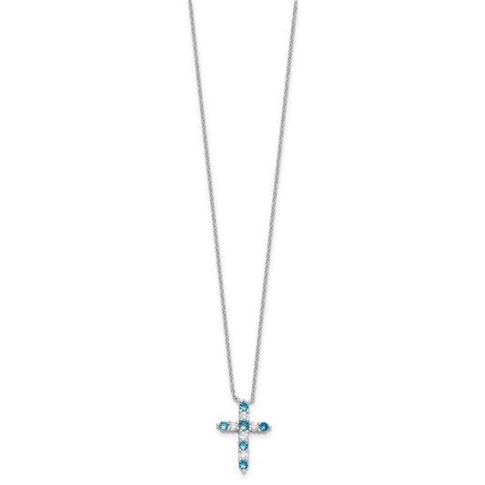 SS RH-plated Blue CZ December Birthstone Cross w/2in ext Necklace QBPD36DEC
