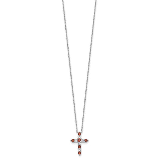 SS RH-plated Red CZ January Birthstone Cross w/2in ext Necklace QBPD36JAN