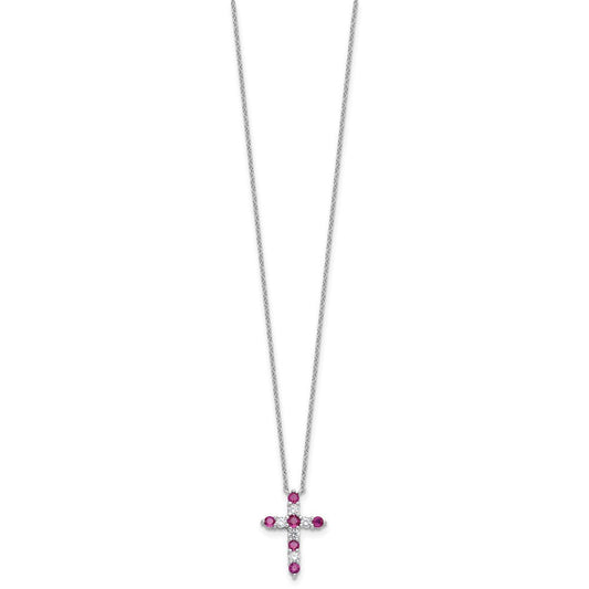 SS RH-plated Dark Pink CZ July Birthstone Cross w/2in ext Necklace QBPD36JUL