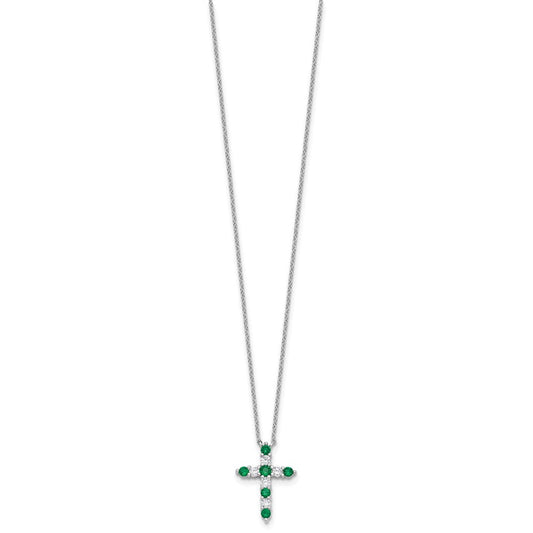 SS RH-plated Green CZ May Birthstone Cross w/2in ext Necklace QBPD36MAY
