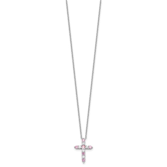 SS RH-plated Pink CZ October Birthstone Cross w/2in ext Necklace QBPD36OCT