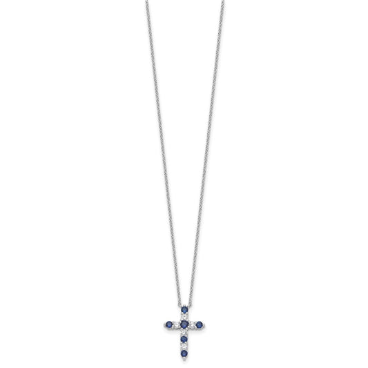 SS RH-plated Dark Blue CZ Sept Birthstone Cross w/2in ext Necklace QBPD36SEP