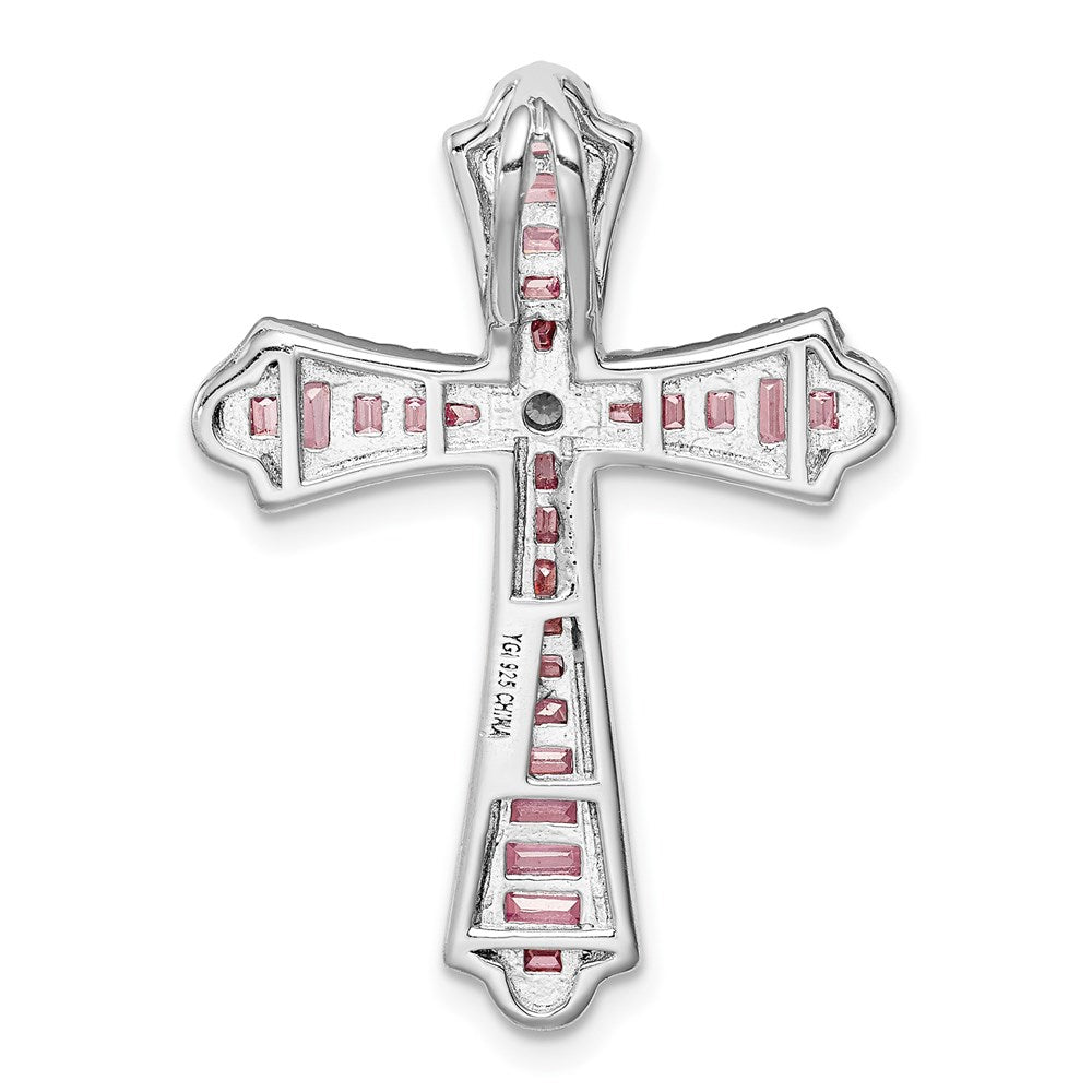 Sterling Silver Rhodium Plated Pink and White CZ Cross Pendant Slide QC9384