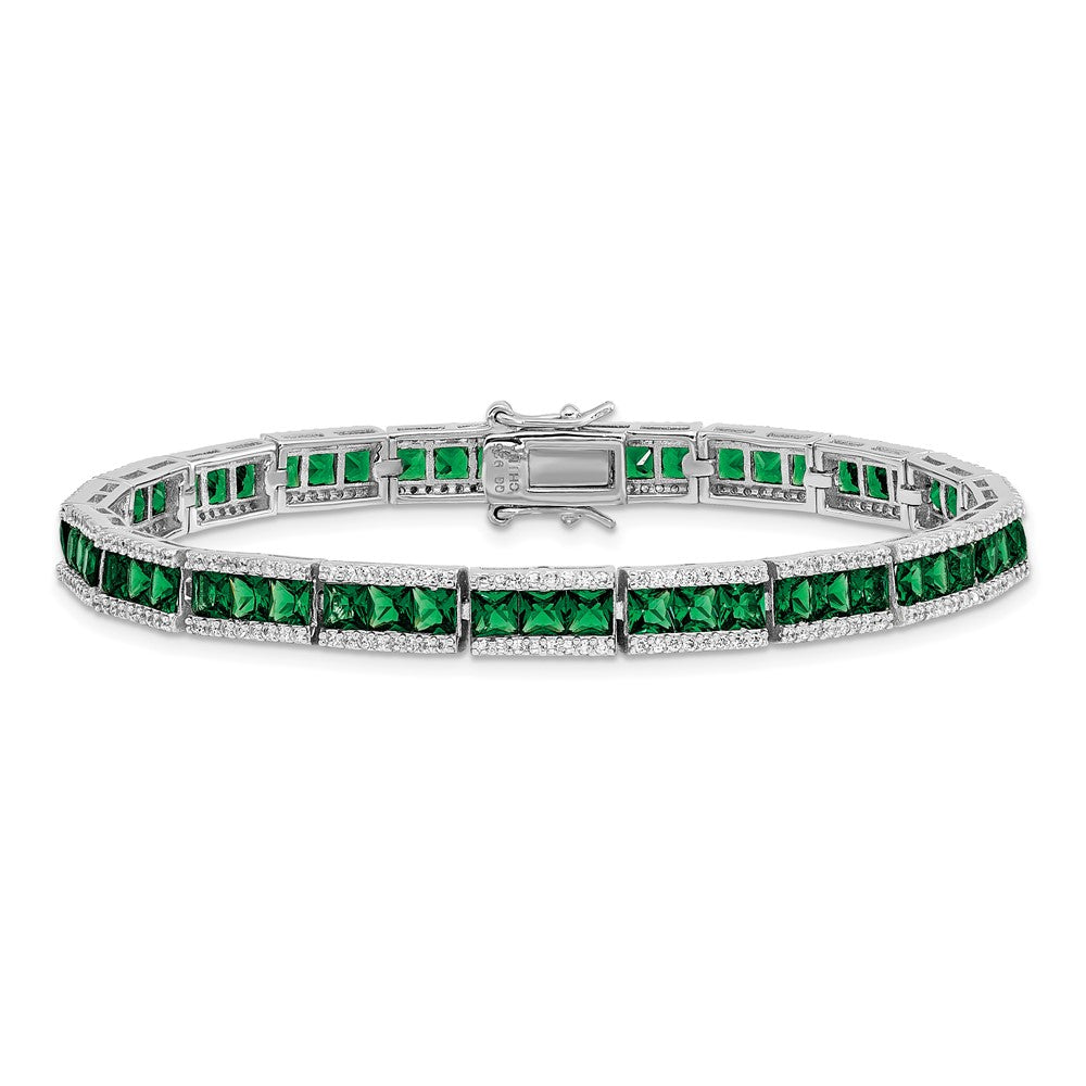 Cheryl M Sterling Silver Rhodium-plated Princess-cut Green Nano Crystal and Brilliant-cut White CZ 7.25 Inch Bracelet QCM1535-7.25