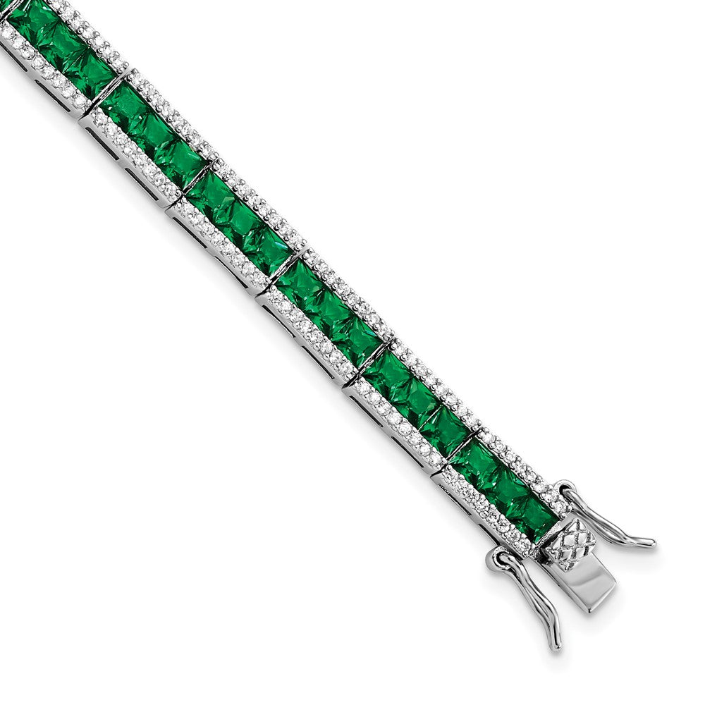 Cheryl M Sterling Silver Rhodium-plated Princess-cut Green Nano Crystal and Brilliant-cut White CZ 7.25 Inch Bracelet QCM1535-7.25