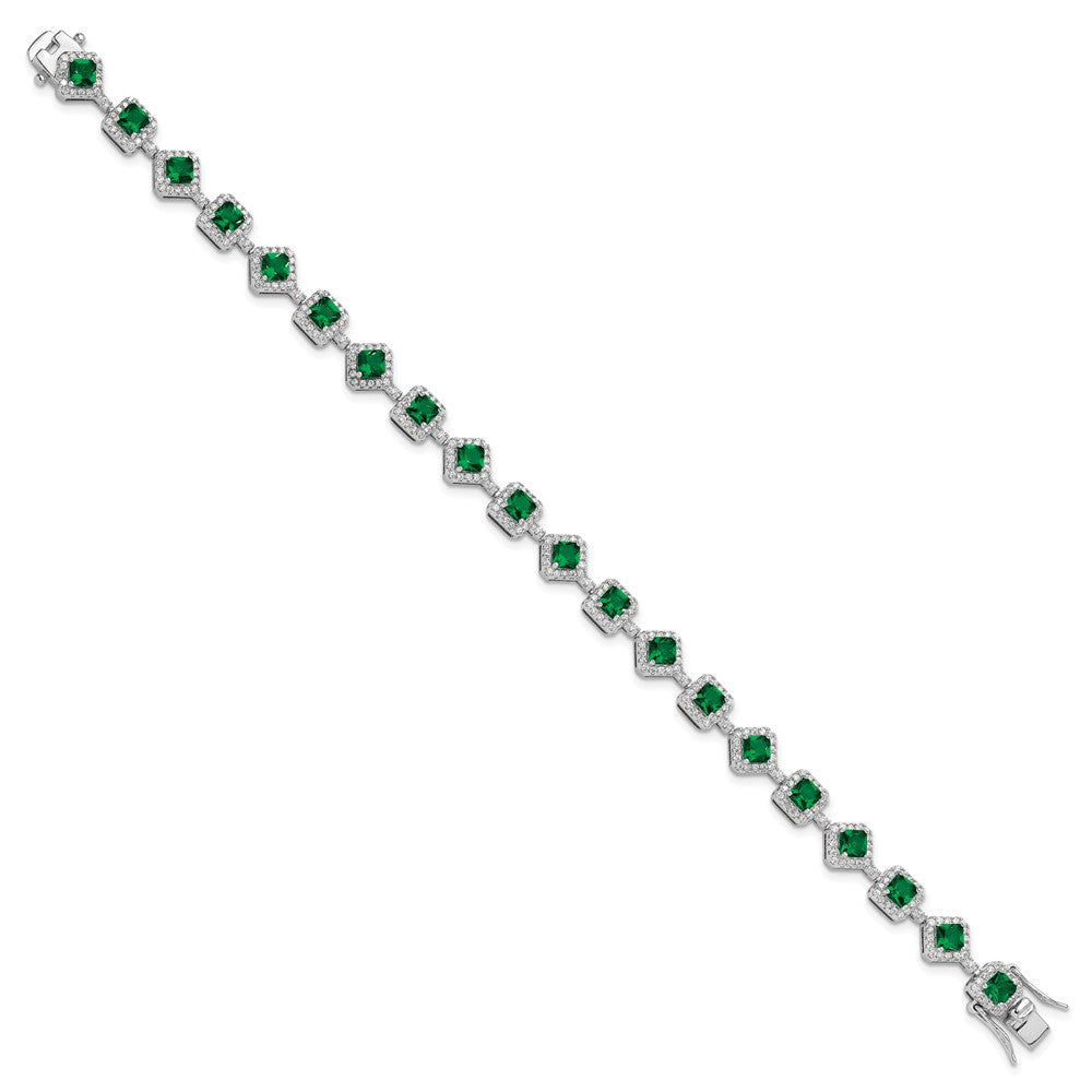Cheryl M Sterling Silver Rhodium-plated Fancy Cushion-cut Green Glass and Brilliant-cut White CZ 7.5 Inch Bracelet QCM1664-7.5