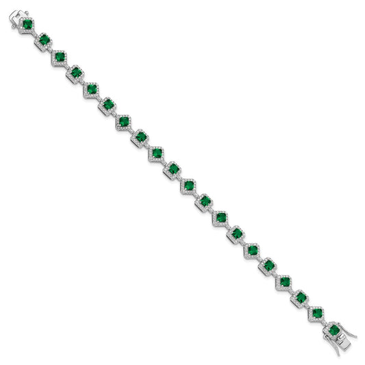 Cheryl M Sterling Silver Rhodium-plated Fancy Cushion-cut Green Glass and Brilliant-cut White CZ 7.5 Inch Bracelet QCM1664-7.5
