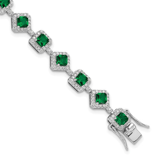 Cheryl M Sterling Silver Rhodium-plated Fancy Cushion-cut Green Glass and Brilliant-cut White CZ 7.5 Inch Bracelet QCM1664-7.5