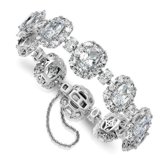 Cheryl M Sterling Silver Rhodium-plated Polished Fancy Cushion-cut CZ Halo Cluster with Safety Chain Bracelet QCM1714-7
