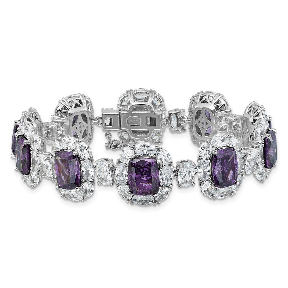Cheryl M Sterling Silver Rhodium-plated Polished Fancy Purple and White CZ Halo Cluster with Safety Chain 7 Inch Bracelet QCM1714PUR-7