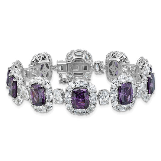 Cheryl M Sterling Silver Rhodium-plated Polished Fancy Purple and White CZ Halo Cluster with Safety Chain 7 Inch Bracelet QCM1714PUR-7