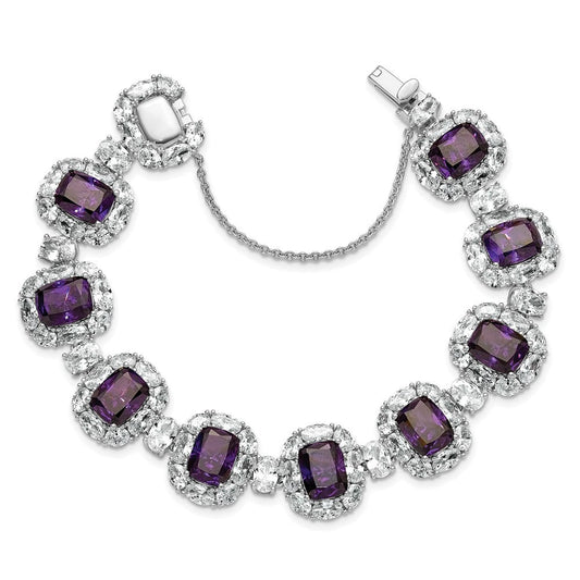 Cheryl M Sterling Silver Rhodium-plated Polished Fancy Purple and White CZ Halo Cluster with Safety Chain 7 Inch Bracelet QCM1714PUR-7