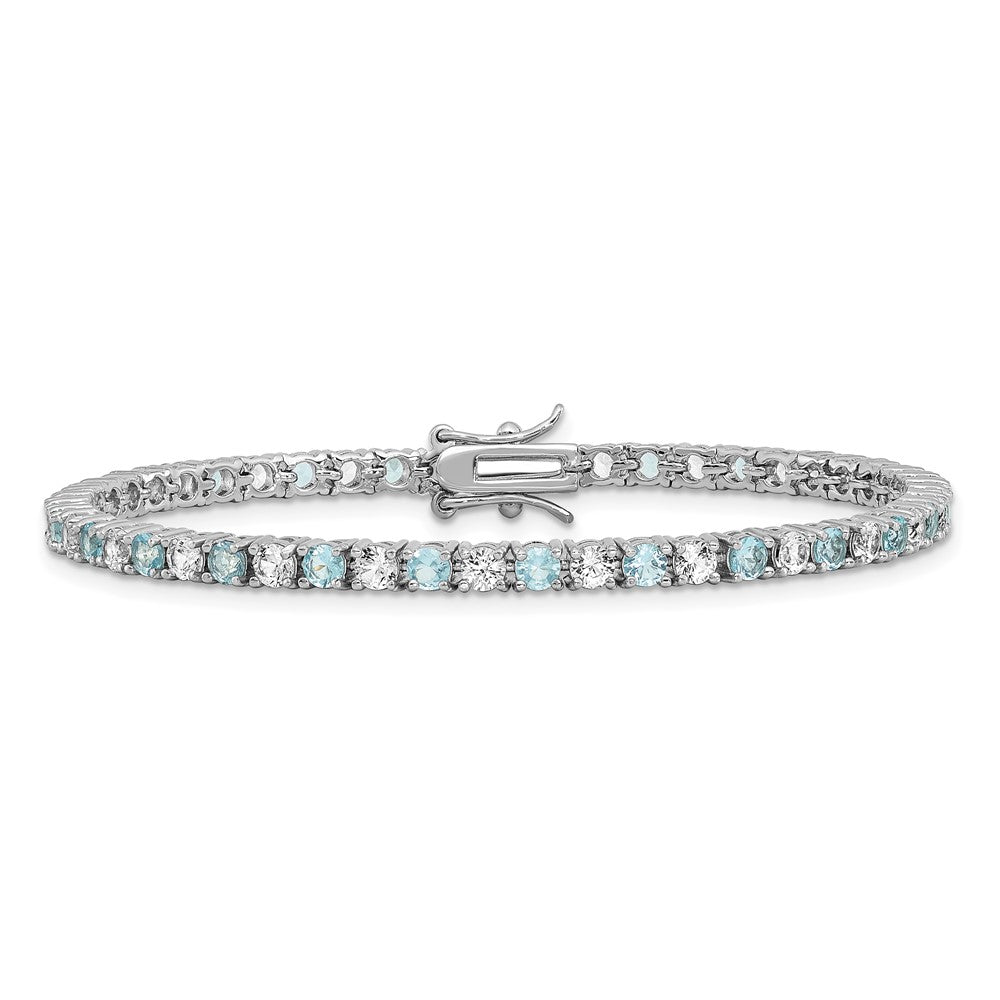 Cheryl M Sterling Silver Rhodium-plated Polished Aqua Glass and CZ Tennis Bracelet QCM1772-7