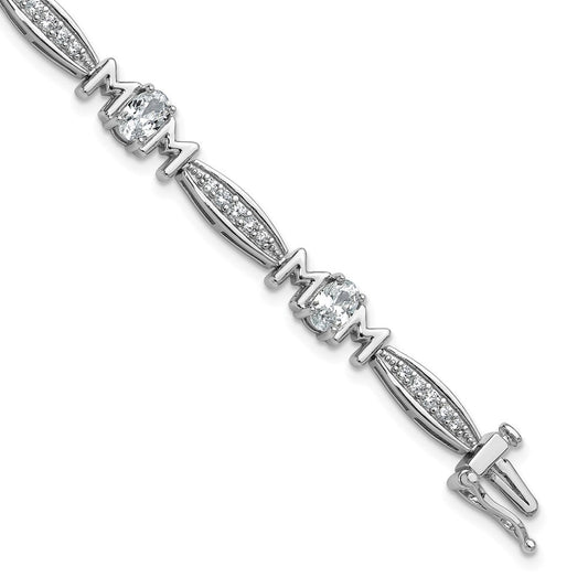 Cheryl M Sterling Silver Rhodium-plated Polished CZ Mom with Safety Clasp Bracelet QCM1776-7.5