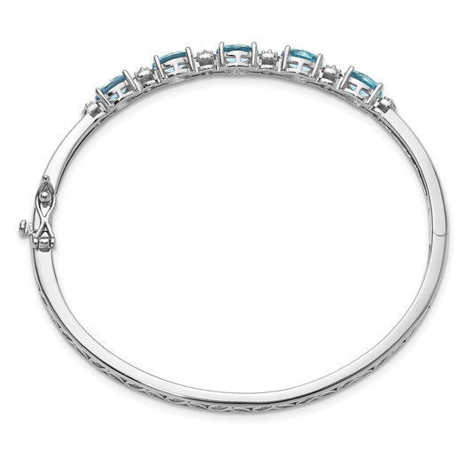 Cheryl M Sterling Silver Rhodium-plated Polished Fancy Aqua Glass and CZ Hinged Bangle QCM1779