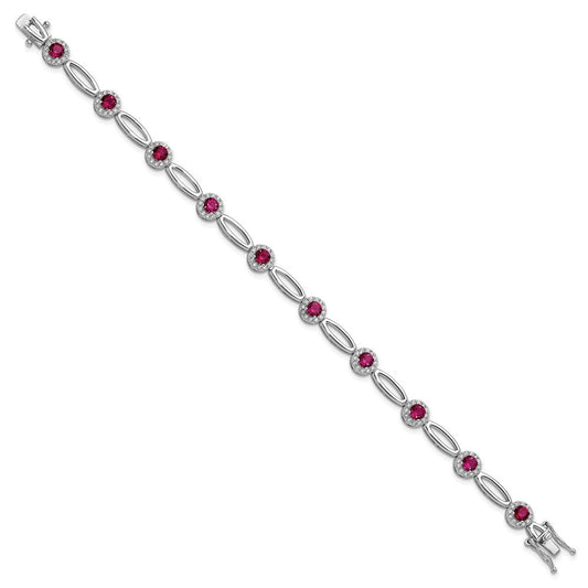 Cheryl M Sterling Silver Rhodium-plated Polished Fancy Lab Created Ruby and CZ Halo Bracelet QCM1806-7.5