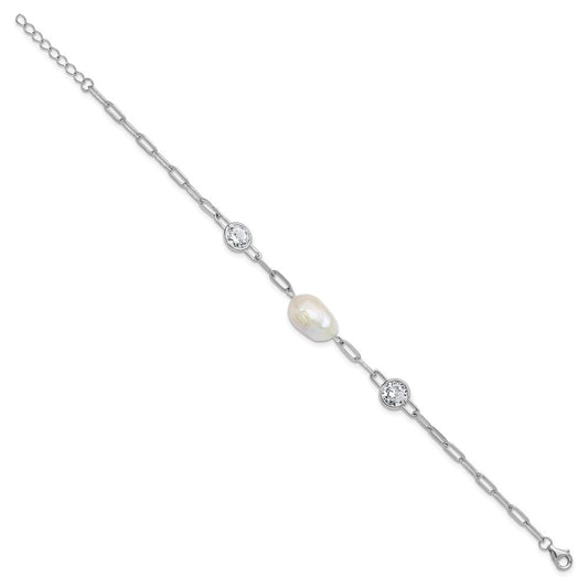 Cheryl M Sterling Silver Rhodium-plated Polished Freshwater Cultured Pearl and CZ Link with .75 Inch Extension Bracelet QCM1834-7