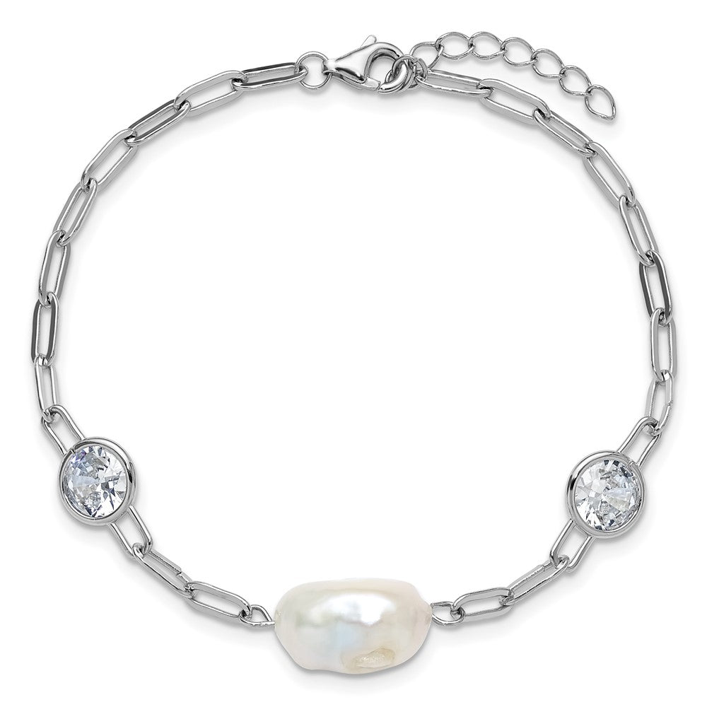Cheryl M Sterling Silver Rhodium-plated Polished Freshwater Cultured Pearl and CZ Link with .75 Inch Extension Bracelet QCM1834-7