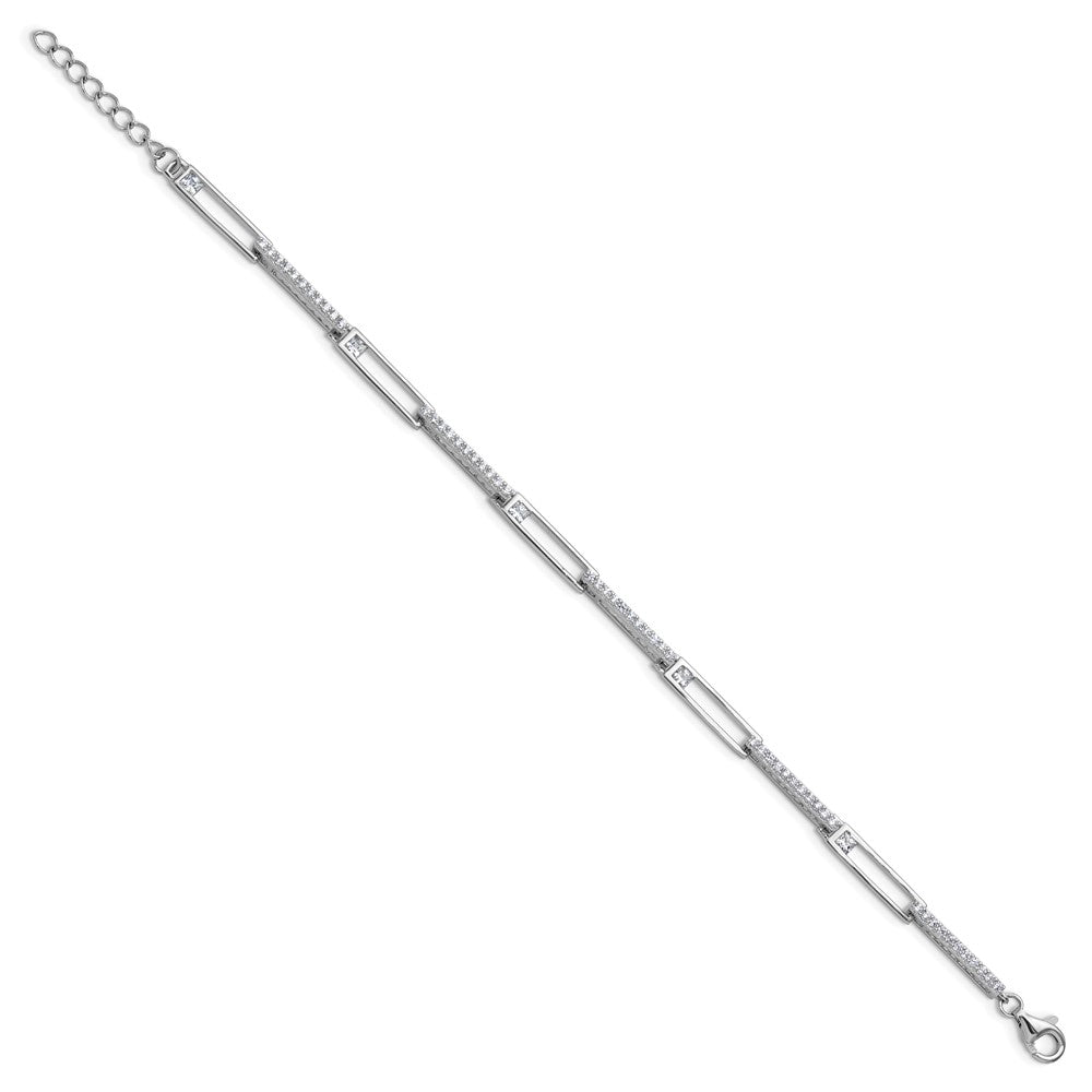 Cheryl M Sterling Silver Rhodium-plated Polished CZ Rectangular Link with 1 Inch Extension Bracelet QCM1836-6.75