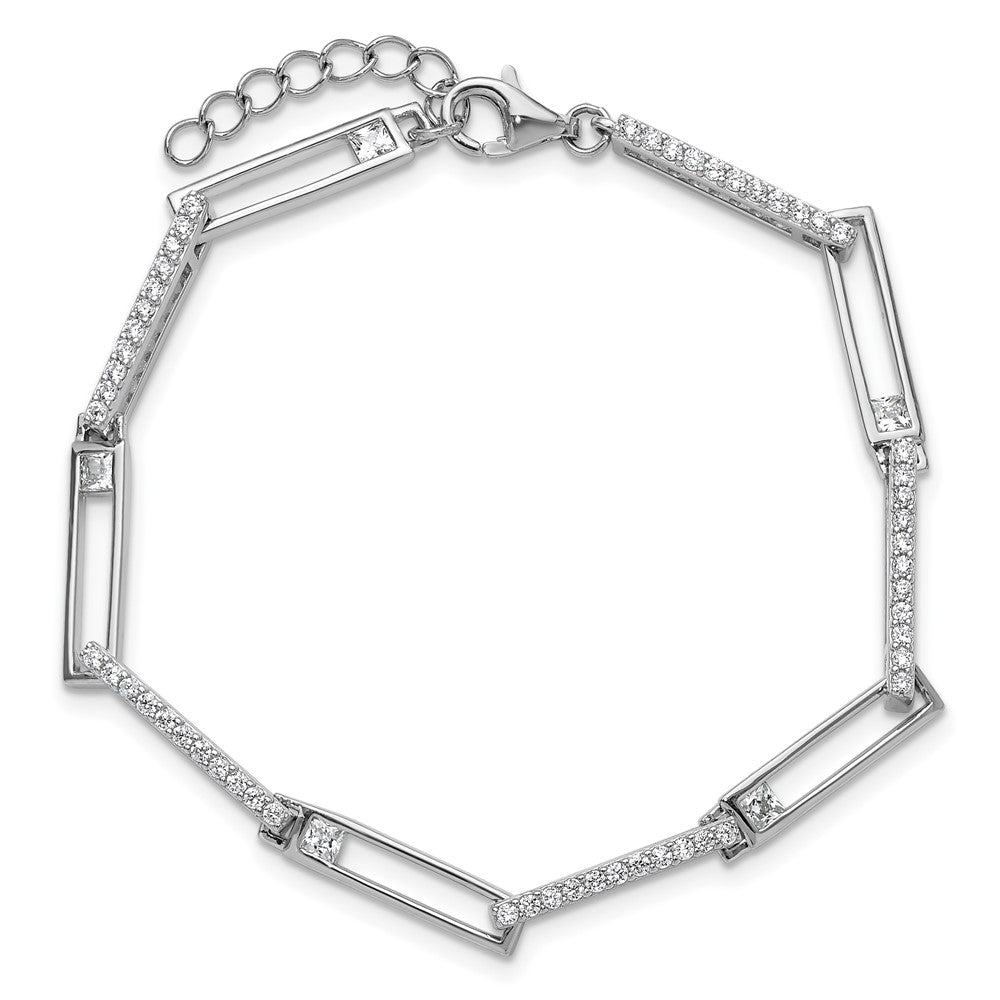 Cheryl M Sterling Silver Rhodium-plated Polished CZ Rectangular Link with 1 Inch Extension Bracelet QCM1836-6.75