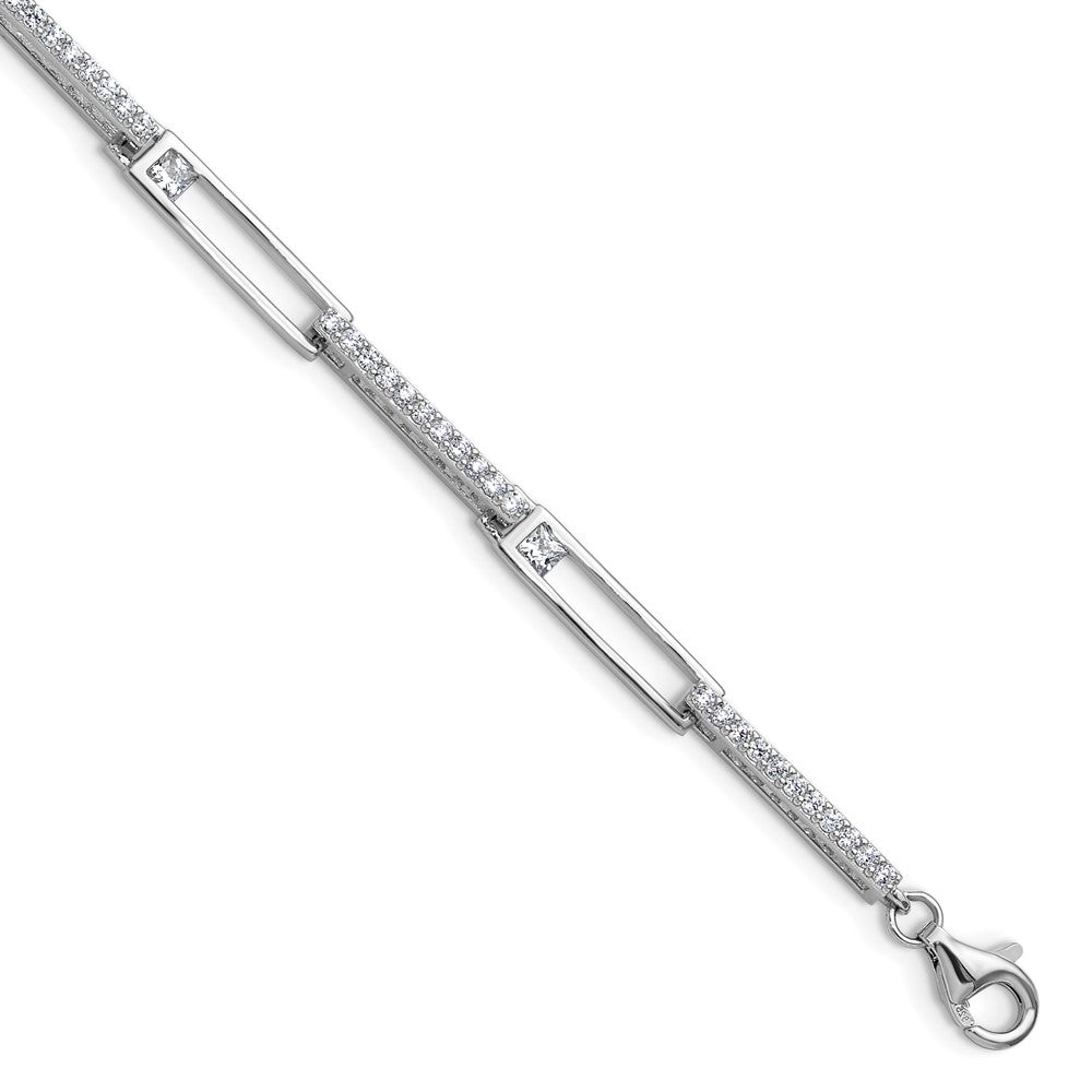 Cheryl M Sterling Silver Rhodium-plated Polished CZ Rectangular Link with 1 Inch Extension Bracelet QCM1836-6.75
