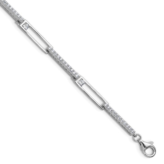 Cheryl M Sterling Silver Rhodium-plated Polished CZ Rectangular Link with 1 Inch Extension Bracelet QCM1836-6.75