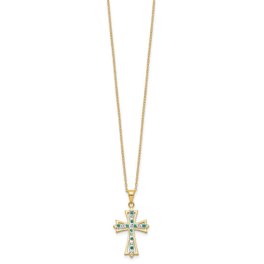 Diamond Fascination Diamond Mystique Sterling Silver 18K Gold-plated Diamond and Emerald Cross 18 Inch Necklace QDF130