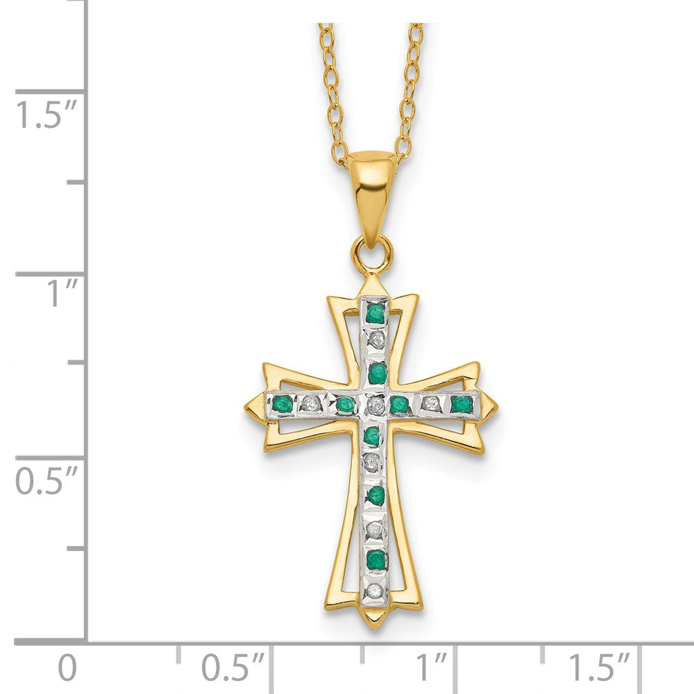 Diamond Fascination Diamond Mystique Sterling Silver 18K Gold-plated Diamond and Emerald Cross 18 Inch Necklace QDF130