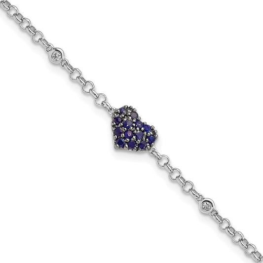 Sterling Silver Rhodium Diam. & Sapphire Heart Bracelet QDX1204