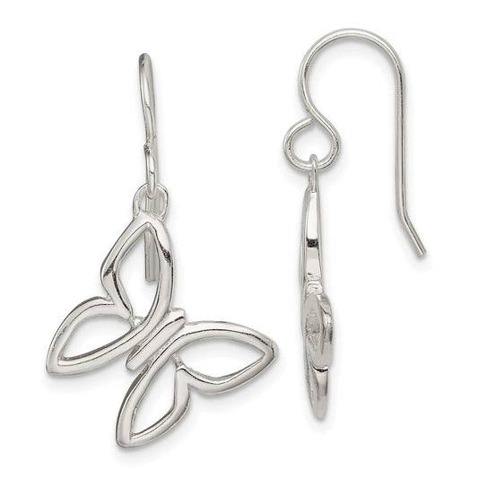 QE14965 Sterling Silver Butterfly Shepherd Hook Dangle Earrings