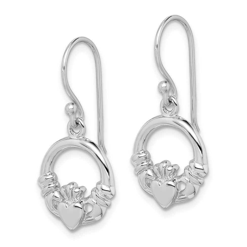 QE14972 Sterling Silver Rhodium-plated Polished Claddagh Dangle Earrings
