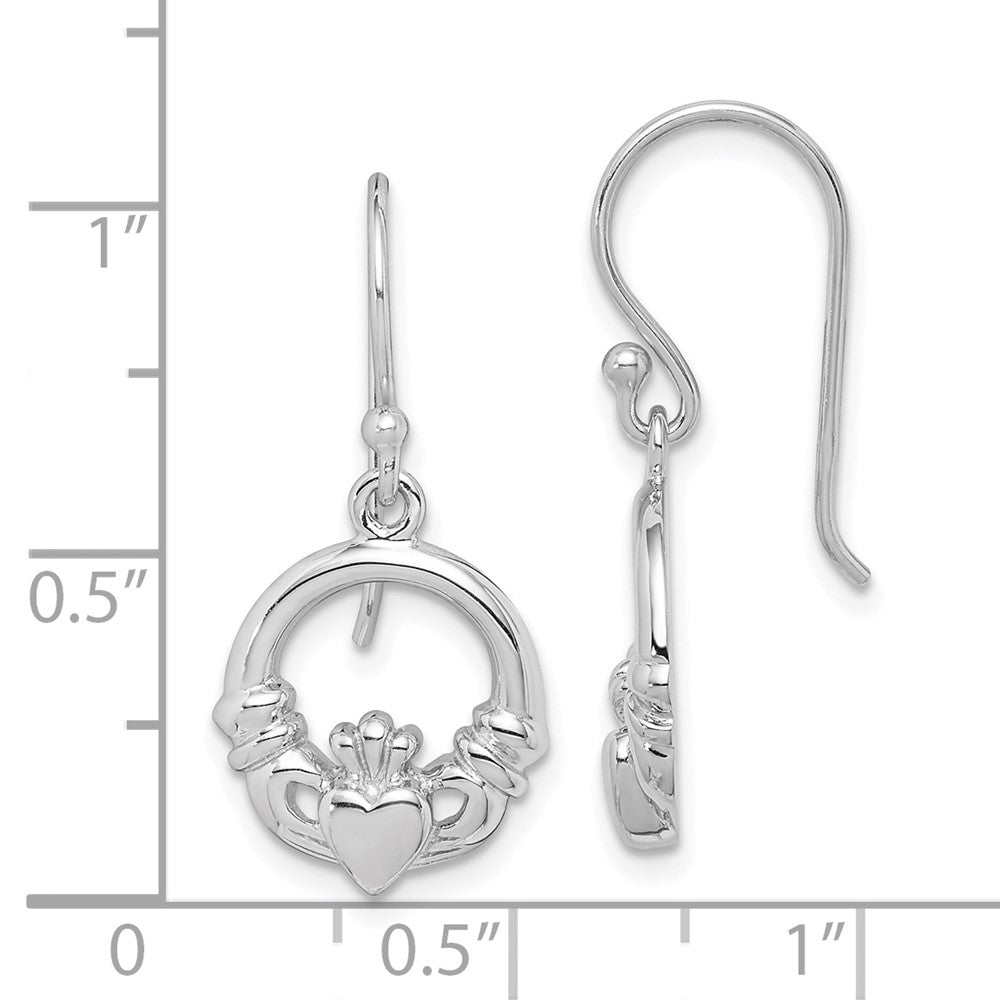 QE14972 Sterling Silver Rhodium-plated Polished Claddagh Dangle Earrings