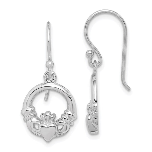 QE14972 Sterling Silver Rhodium-plated Polished Claddagh Dangle Earrings