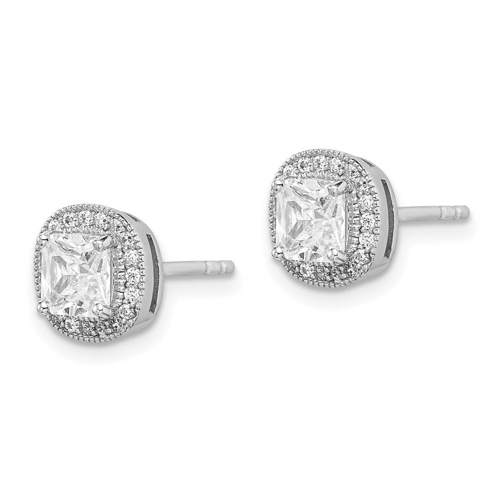 QE15057 Sterling Silver RH-plated Polished & Textured 5mm CZ Halo Post Earrings