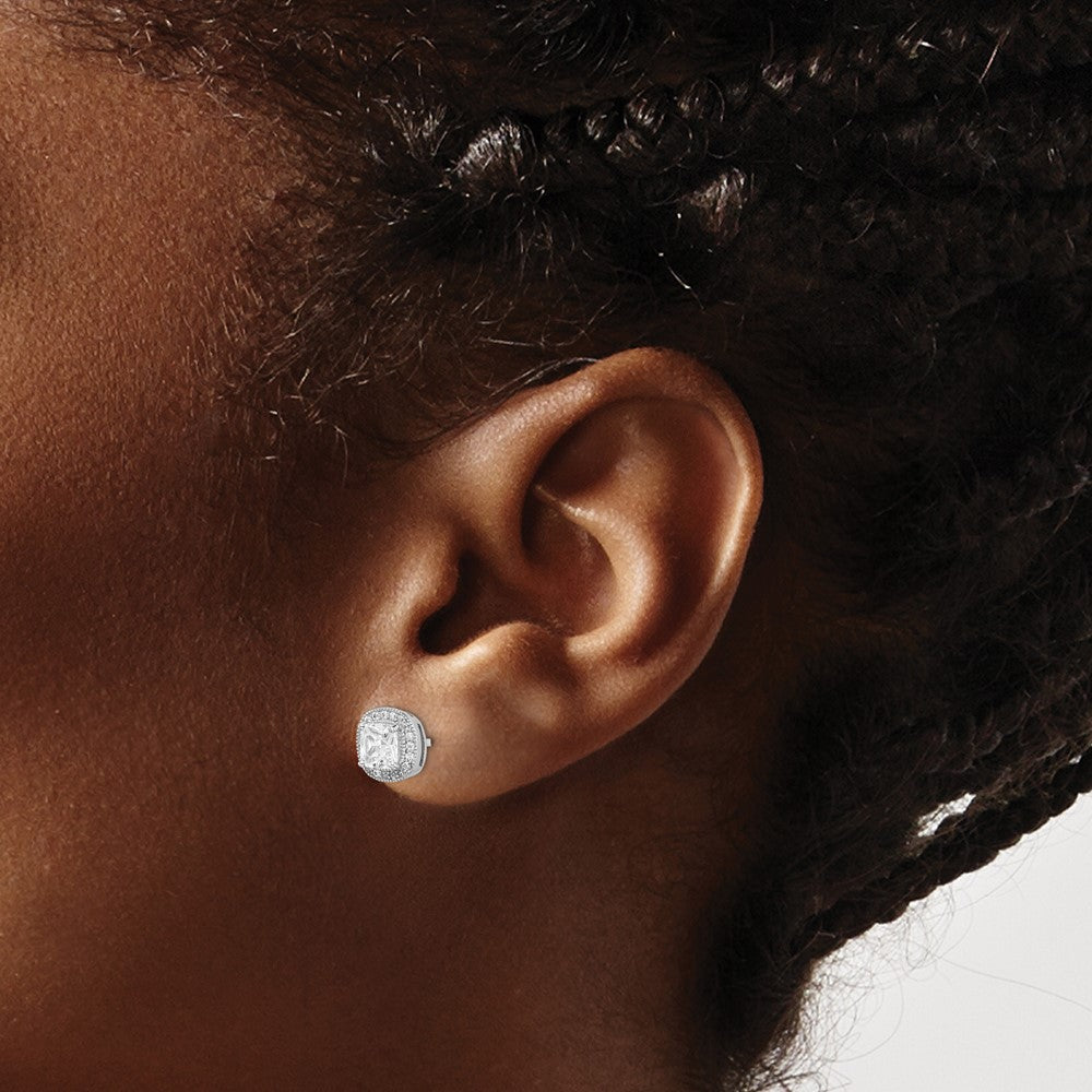 QE15057 Sterling Silver RH-plated Polished & Textured 5mm CZ Halo Post Earrings