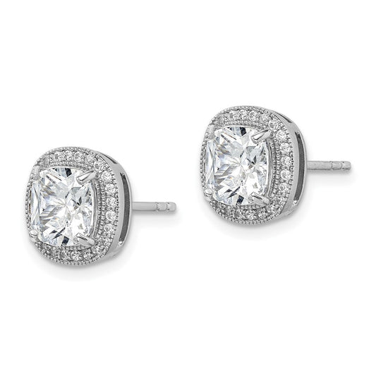 QE15059 Sterling Silver RH-plated Polished & Textured 7mm CZ Halo Post Earrings