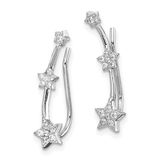 QE15064 Sterling Silver Rhodium-plated Polished CZ Three Star Ear Climber Earrings