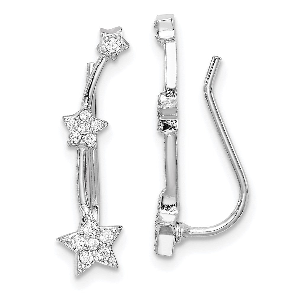 QE15064 Sterling Silver Rhodium-plated Polished CZ Three Star Ear Climber Earrings