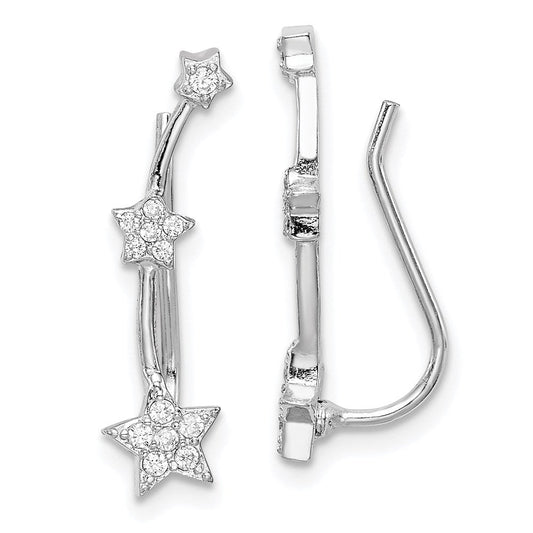 QE15064 Sterling Silver Rhodium-plated Polished CZ Three Star Ear Climber Earrings