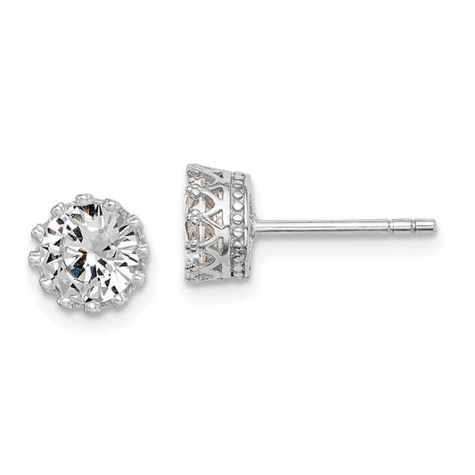 QE15078 Sterling Silver RH-plated Polished & Textured 6mm Round CZ Stud Earrings