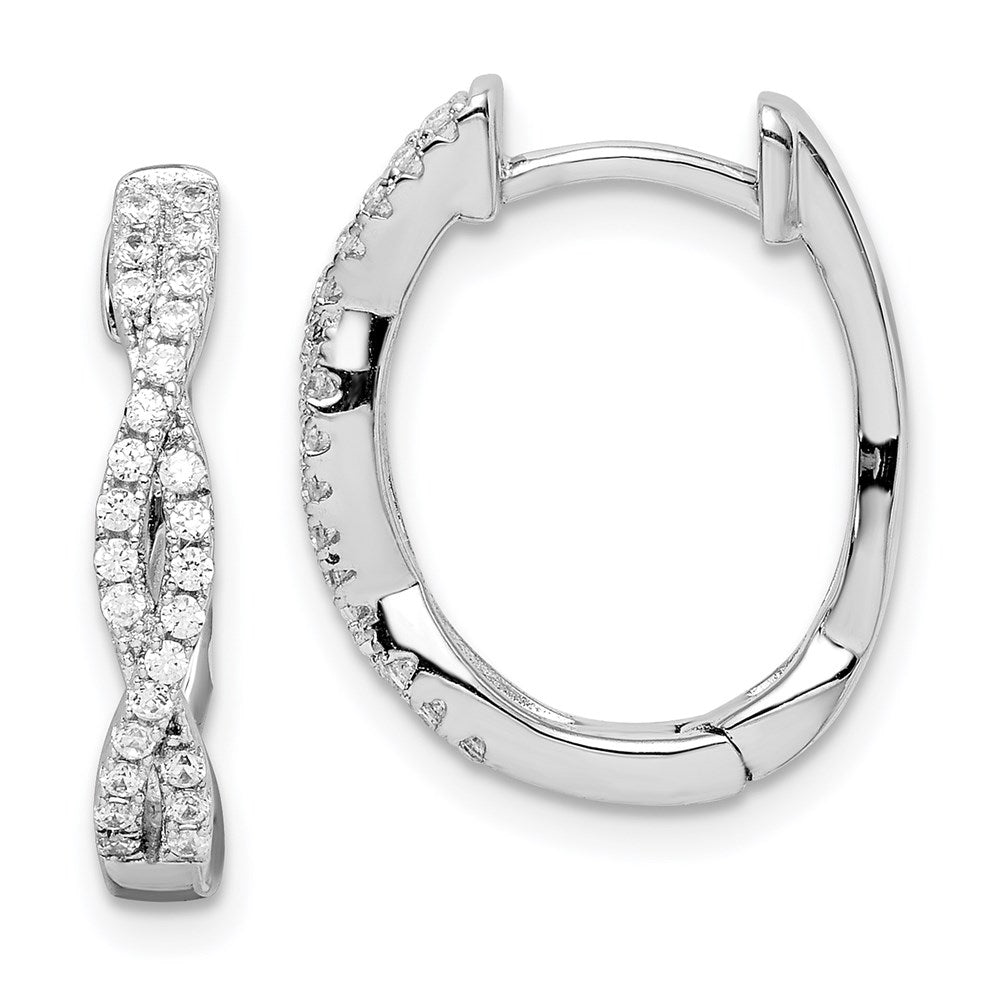 QE15090 Sterling Silver Rhodium-plated CZ Twisted Oval Hoop Earrings