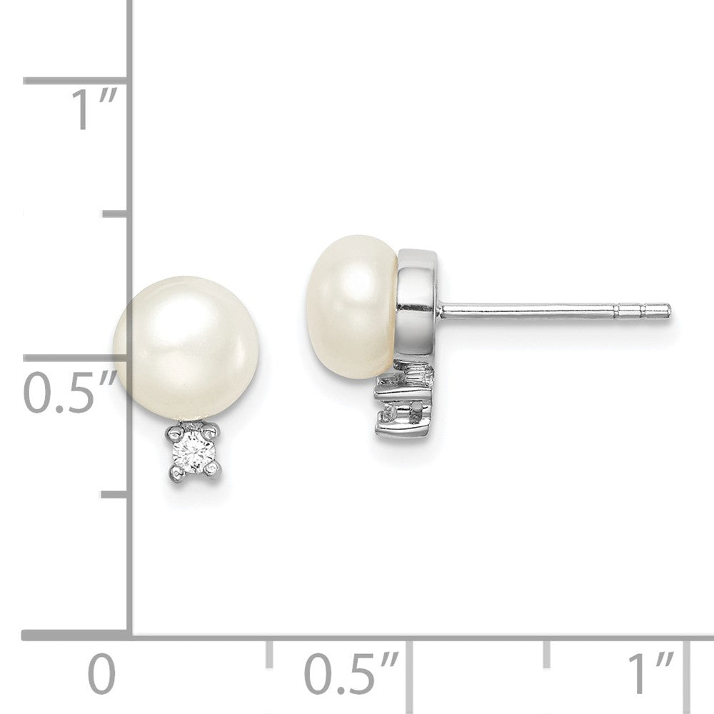 QE15258 Sterling Silver Rhodium-plated 6-7mm White Button Freshwater Cultured Pearl and CZ Post Earrings