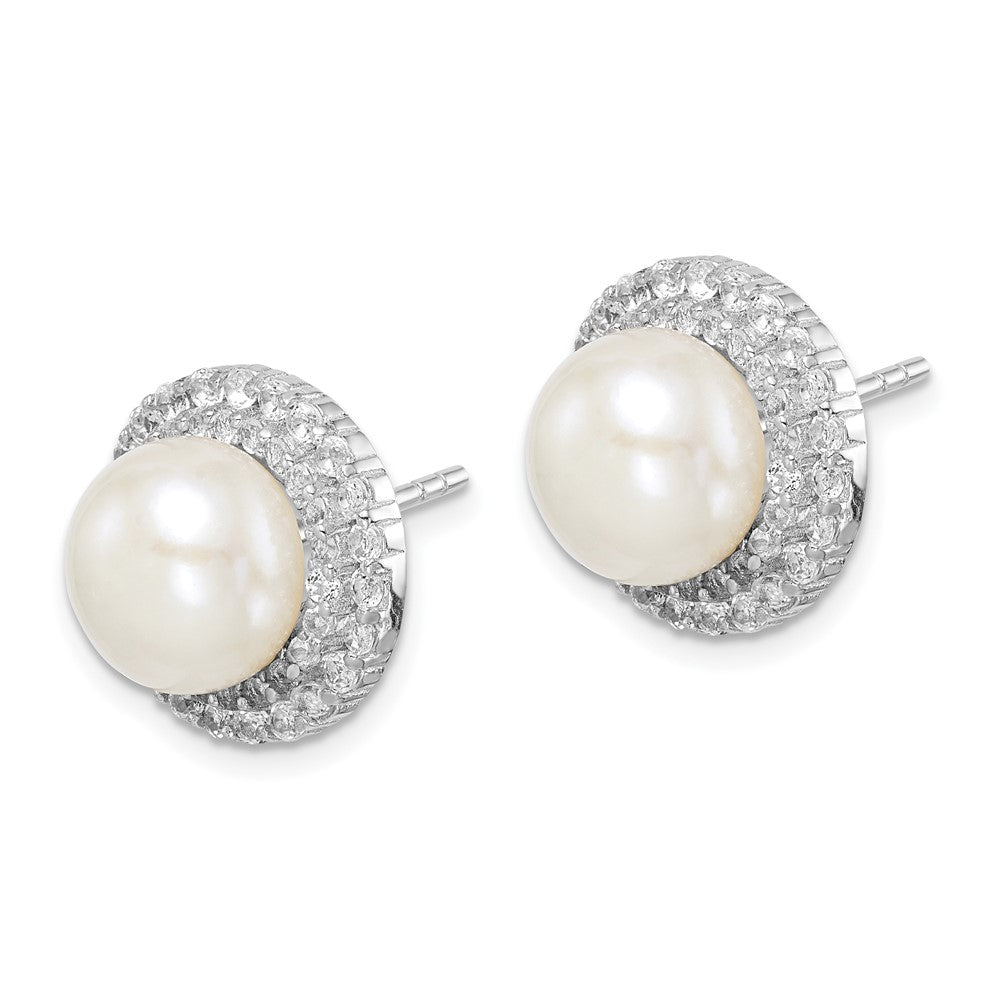 QE15263 Sterling Silver Rhodium-plated 8-9mm White Button Freshwater Cultured Pearl and CZ Post Earrings