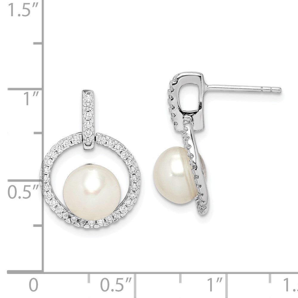 QE15264 Sterling Silver Rhodium-plated 8-9mm White Button Freshwater Cultured Pearl and CZ Post Dangle Earrings