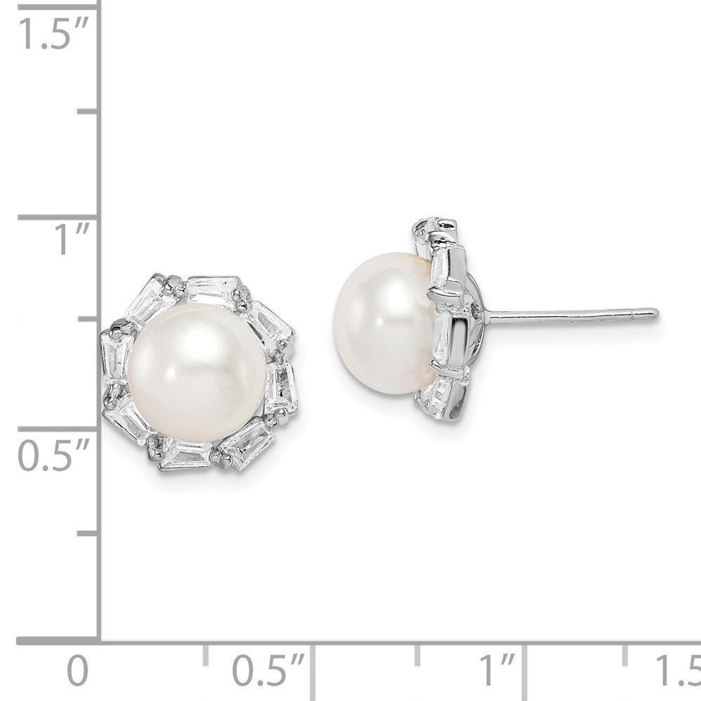 QE15267 Sterling Silver Rhodium-plated 8-9mm White Button Freshwater Cultured Pearl and CZ Post Earrings
