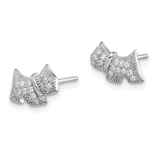 QE15305 Sterling Silver Rhodium-plated Polished CZ Scottie Dog Post Earrings