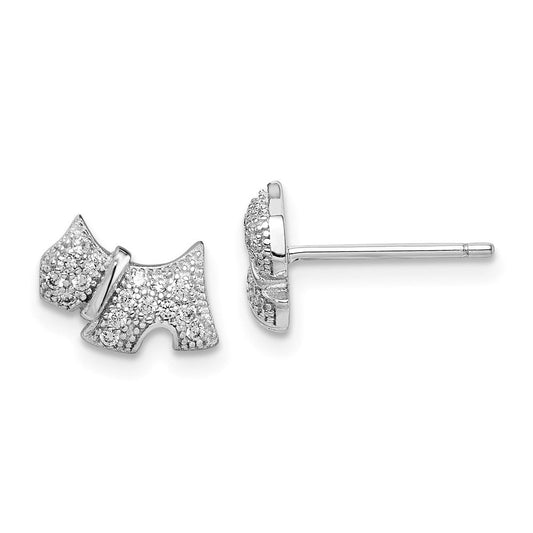 QE15305 Sterling Silver Rhodium-plated Polished CZ Scottie Dog Post Earrings